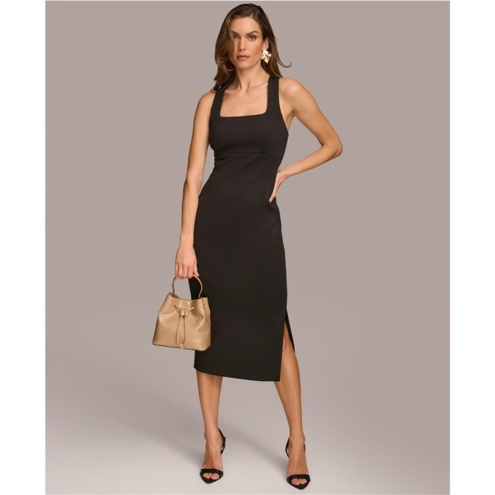 Donna Karan New York Black Square Neck Cross Back Sheath Midi Dress Sz 16